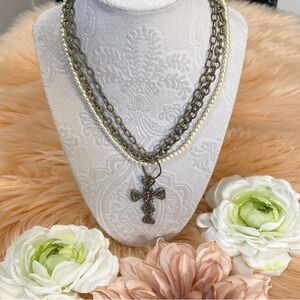 Cross Necklace Triple Chain & Pearl Accent With Fuchsia Gemstones NEW!